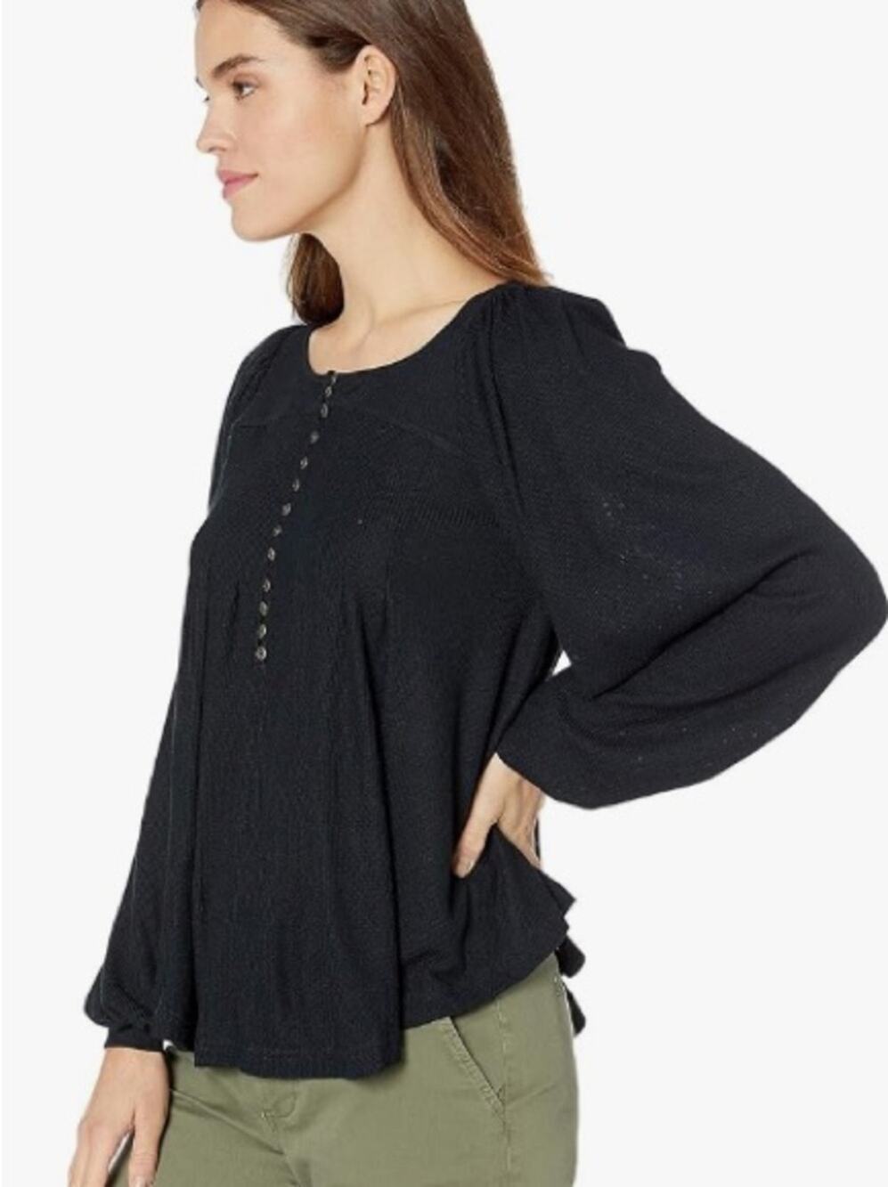 Free People Devin Black Textured Henley Long Sleeve Top Size XS